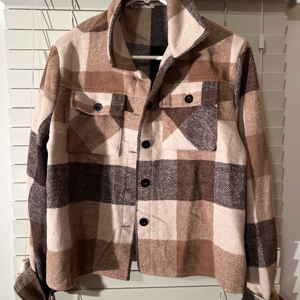Plaid brown tan button-up jacket Zeagoo